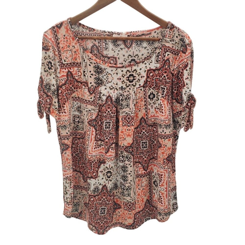 Roz & Ali Boho Medallion Print Tie Sleeve Top Womens Size L Peach Blouse Flowy